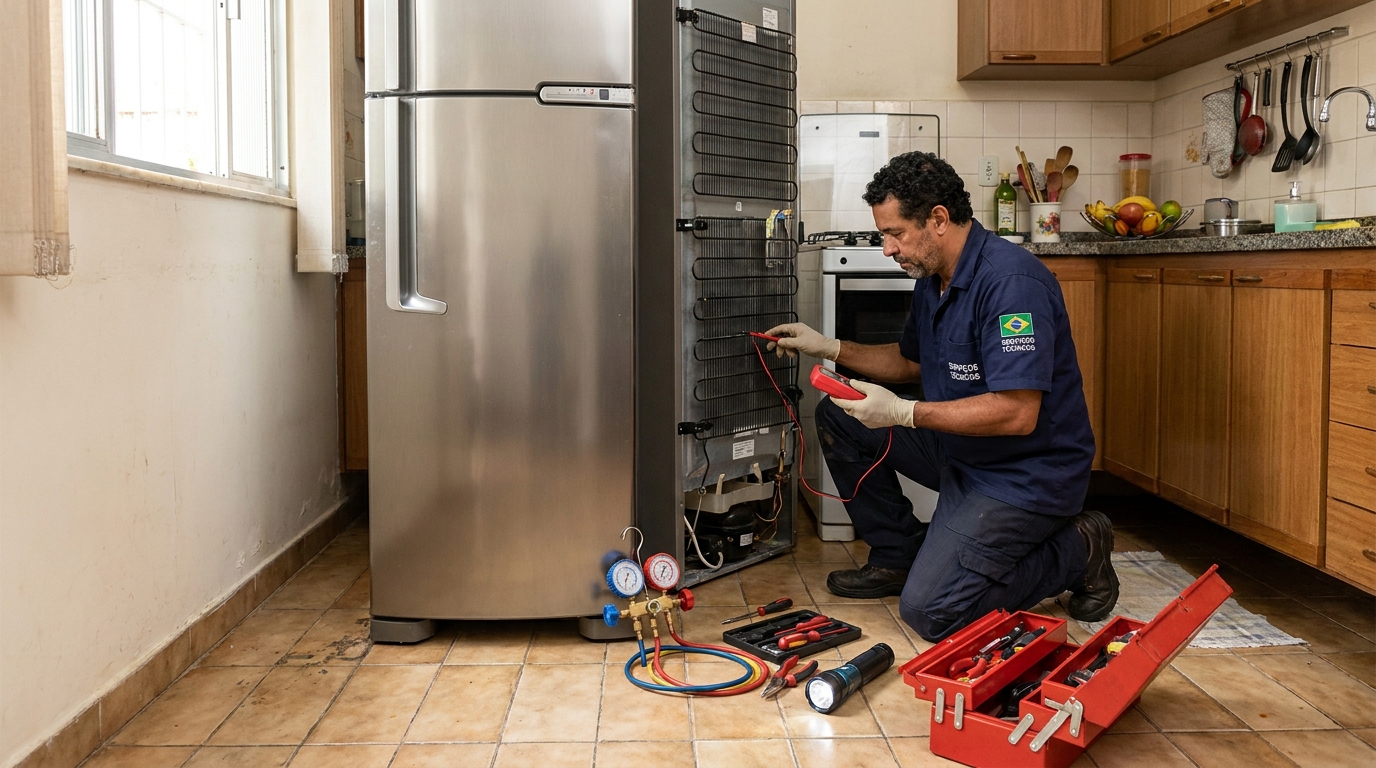 Técnico realizando manutenção de motor de geladeira no Expansul, Aparecida de Goiânia‑GO