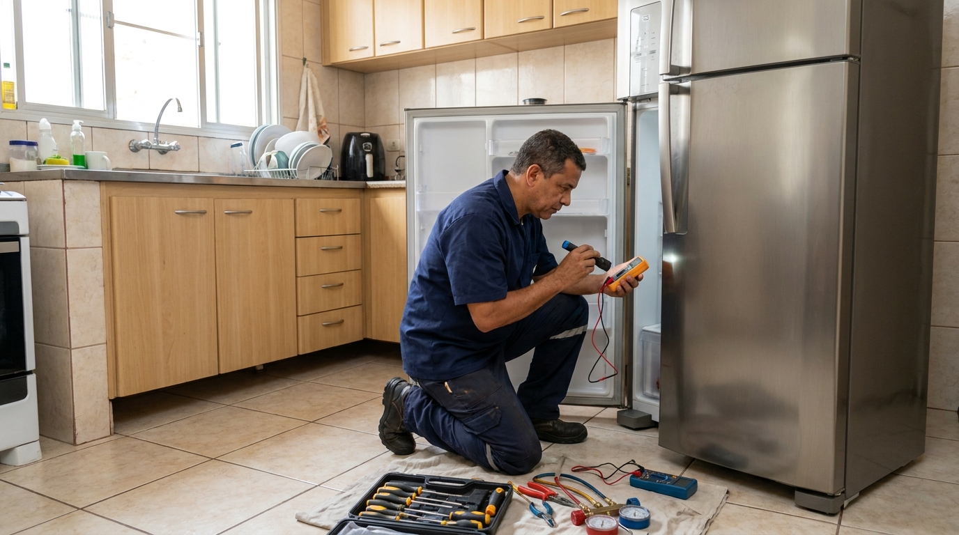 Recarga de gás refrigerante de geladeira em atendimento no Expansul, Aparecida de Goiânia‑GO