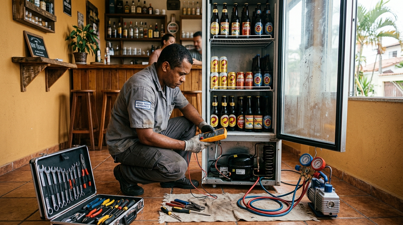 Troca de termostato de cervejeira em atendimento técnico em Nova Cidade, Aparecida de Goiânia‑GO